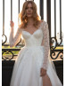 Long Sleeves Beaded Ivory Lace Tulle Slit Sparkly Wedding Dress